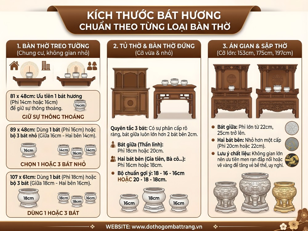 Kích thước bát hương chuẩn trên từng loại bàn thờ