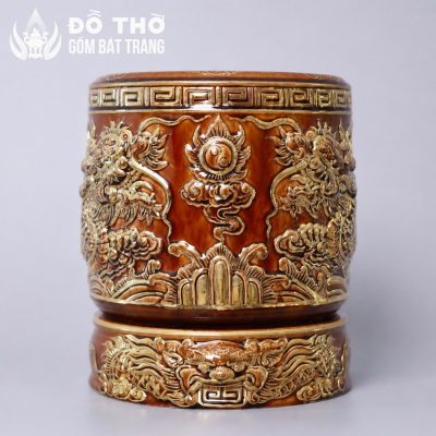 Bát Hương Men Hoàng Thổ Vẽ Vàng Đắp Nổi Lưỡng Long Chầu Nguyệt DT-BH07 - Chi tiết 1