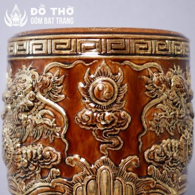 Bát Hương Men Hoàng Thổ Vẽ Vàng Đắp Nổi Lưỡng Long Chầu Nguyệt DT-BH07 - Chi tiết 2