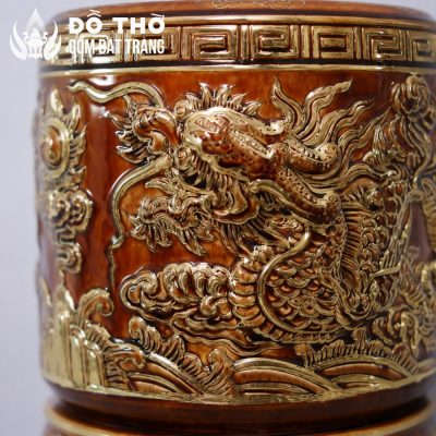 Bát Hương Men Hoàng Thổ Vẽ Vàng Đắp Nổi Lưỡng Long Chầu Nguyệt DT-BH07 - Chi tiết 3