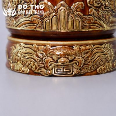 Bát Hương Men Hoàng Thổ Vẽ Vàng Đắp Nổi Lưỡng Long Chầu Nguyệt DT-BH07 - Chi tiết 4
