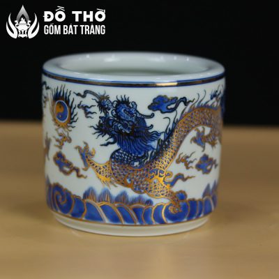 Bát Hương Men Lam Vẽ Vàng Họa Tiết Song Long Chầu Nguyệt DT-BH03 - Chi tiết 1