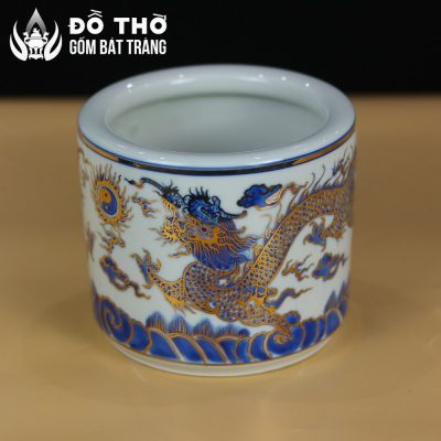 Bát Hương Men Lam Vẽ Vàng Họa Tiết Song Long Chầu Nguyệt DT-BH03 - Chi tiết 2