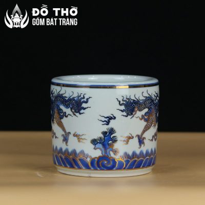 Bát Hương Men Lam Vẽ Vàng Họa Tiết Song Long Chầu Nguyệt DT-BH03 - Chi tiết 3