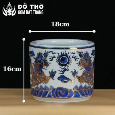 Bát Hương Men Lam Vẽ Vàng Họa Tiết Song Long Chầu Nguyệt DT-BH03 - Chi tiết 5