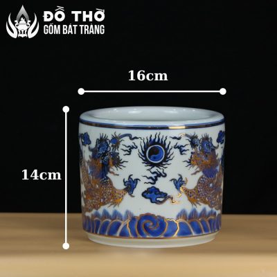 Bát Hương Men Lam Vẽ Vàng Họa Tiết Song Long Chầu Nguyệt DT-BH03 - Chi tiết 6