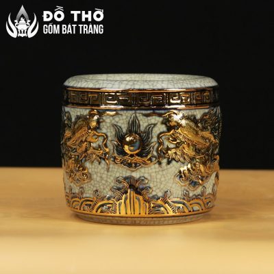 Bát Hương Men Rạn Đắp Nổi Song Long Chầu Nguyệt Vẽ Vàng DT-BH04 - Chi tiết 1