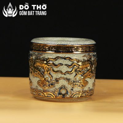 Bát Hương Men Rạn Đắp Nổi Song Long Chầu Nguyệt Vẽ Vàng DT-BH04 - Chi tiết 2
