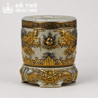 Bát Hương Men Rạn Đắp Nổi Song Long Chầu Nguyệt Vẽ Vàng DT-BH04 - Chi tiết 5