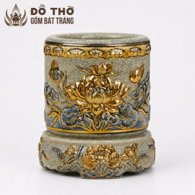 Bát Hương Men Rạn Cổ Đắp Nổi Sen Vẽ Vàng Bát Tràng Cao Cấp DT-BH05 - Chi tiết 1
