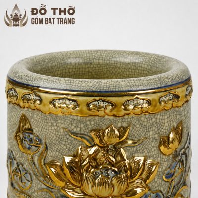 Bát Hương Men Rạn Cổ Đắp Nổi Sen Vẽ Vàng Bát Tràng Cao Cấp DT-BH05 - Chi tiết 4