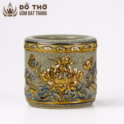 Bát Hương Men Rạn Cổ Đắp Nổi Sen Vẽ Vàng Bát Tràng Cao Cấp DT-BH05 - Chi tiết 5