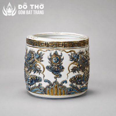 Bát Hương Men Trắng Vẽ Vàng Đắp Nổi Lưỡng Long Chầu Nguyệt DT-BH01 - Chi tiết 1