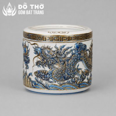 Bát Hương Men Trắng Vẽ Vàng Đắp Nổi Lưỡng Long Chầu Nguyệt DT-BH01 - Chi tiết 2