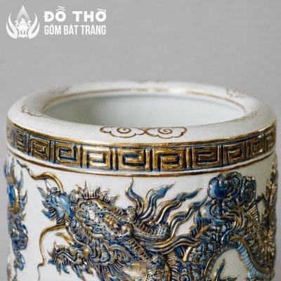 Bát Hương Men Trắng Vẽ Vàng Đắp Nổi Lưỡng Long Chầu Nguyệt DT-BH01 - Chi tiết 3