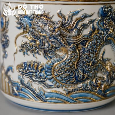 Bát Hương Men Trắng Vẽ Vàng Đắp Nổi Lưỡng Long Chầu Nguyệt DT-BH01 - Chi tiết 4