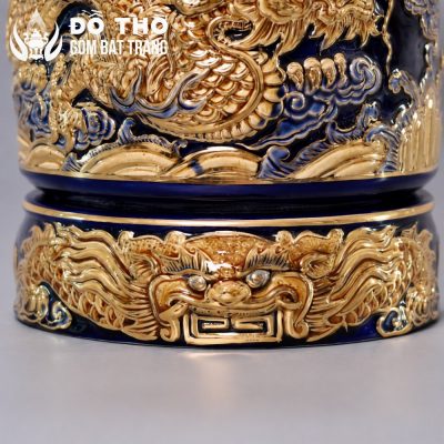 Bát Hương Men Xanh Coban Vẽ Vàng Họa Tiết Song Long Chầu Nguyệt DT-BH06 - Chi tiết 2