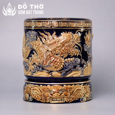Bát Hương Men Xanh Coban Vẽ Vàng Họa Tiết Song Long Chầu Nguyệt DT-BH06 - Chi tiết 3