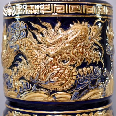 Bát Hương Men Xanh Coban Vẽ Vàng Họa Tiết Song Long Chầu Nguyệt DT-BH06 - Chi tiết 4