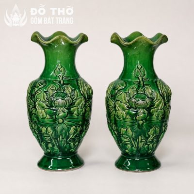 Bình Hoa Thờ Men Lục Bảo Đắp Nổi Hoa Sen Miệng Lượn Sóng DT-LH08 - Chi tiết 1