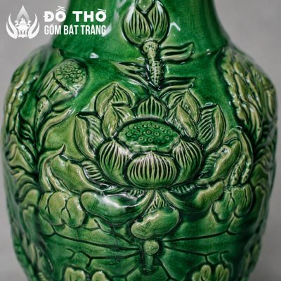 Bình Hoa Thờ Men Lục Bảo Đắp Nổi Hoa Sen Miệng Lượn Sóng DT-LH08 - Chi tiết 3