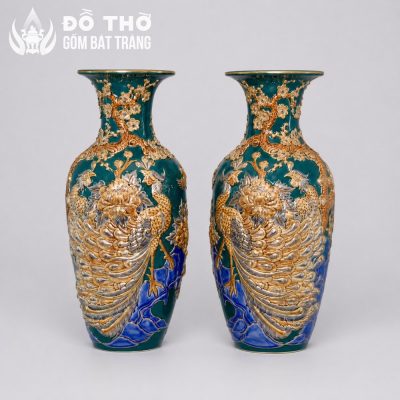 Bình Hoa Thờ Men Xanh Lá Đắp Nổi Công Đào Vẽ Vàng DT-LH07 - Chi tiết 1