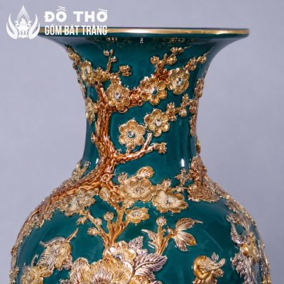 Bình Hoa Thờ Men Xanh Lá Đắp Nổi Công Đào Vẽ Vàng DT-LH07 - Chi tiết 2