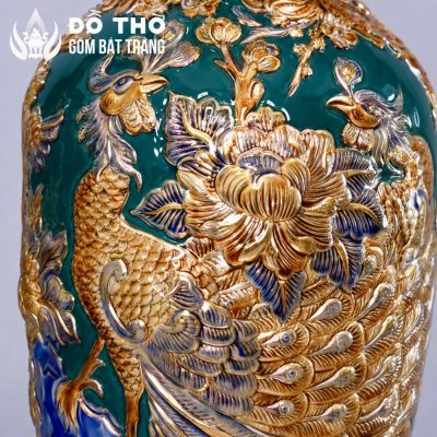 Bình Hoa Thờ Men Xanh Lá Đắp Nổi Công Đào Vẽ Vàng DT-LH07 - Chi tiết 3