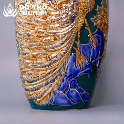 Bình Hoa Thờ Men Xanh Lá Đắp Nổi Công Đào Vẽ Vàng DT-LH07 - Chi tiết 4