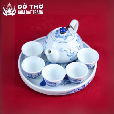 Bộ Ấm Chén Thờ Men Lam Vẽ Hoa Sen Gốm Sứ Bát Tràng DT-AC02 - Chi tiết 7