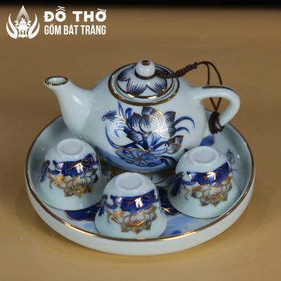 Bộ Ấm Chén Thờ Men Lam Vẽ Vàng Họa Tiết Hoa Sen Bát Tràng DT-AC01 - Chi tiết 1