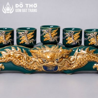 Bộ Kỷ 5 Chén Thờ Men Xanh Lá Vẽ Vàng Họa Tiết Rồng Bát Tràng DT-KT04 - Chi tiết 2