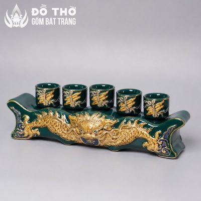 Bộ Kỷ 5 Chén Thờ Men Xanh Lá Vẽ Vàng Họa Tiết Rồng Bát Tràng DT-KT04 - Chi tiết 3