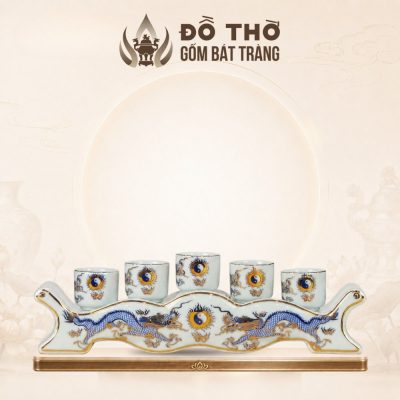 Bộ Kỷ Ngai 5 Chén Thờ Men Lam Vẽ Vàng Họa Tiết Lưỡng Long Chầu Nguyệt DT-KT02 - Ảnh đại diện