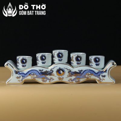 Bộ Kỷ Ngai 5 Chén Thờ Men Lam Vẽ Vàng Họa Tiết Lưỡng Long Chầu Nguyệt DT-KT02 - Chi tiết 1