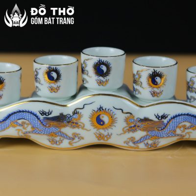 Bộ Kỷ Ngai 5 Chén Thờ Men Lam Vẽ Vàng Họa Tiết Lưỡng Long Chầu Nguyệt DT-KT02 - Chi tiết 2