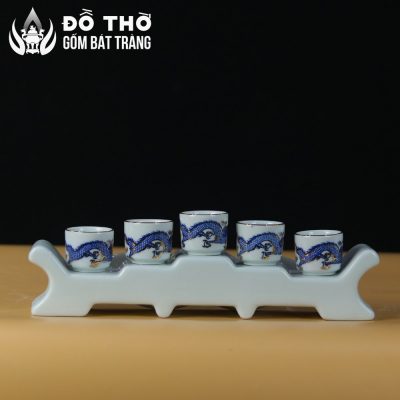 Bộ Kỷ Ngai 5 Chén Thờ Men Lam Vẽ Vàng Họa Tiết Lưỡng Long Chầu Nguyệt DT-KT02 - Chi tiết 3