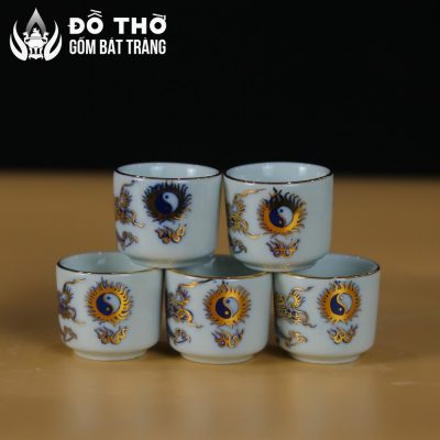Bộ Kỷ Ngai 5 Chén Thờ Men Lam Vẽ Vàng Họa Tiết Lưỡng Long Chầu Nguyệt DT-KT02 - Chi tiết 4