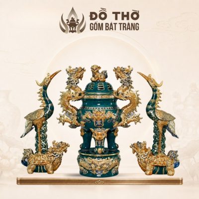 Bộ Tam Sự Đỉnh Hạc Gốm Sứ Bát Tràng Men Xanh Lá Vẽ Vàng Đắp Nổi DT-DH01 - Ảnh đại diện