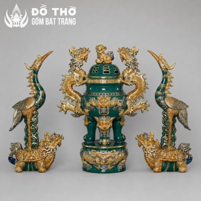 Bộ Tam Sự Đỉnh Hạc Gốm Sứ Bát Tràng Men Xanh Lá Vẽ Vàng Đắp Nổi DT-DH01 - Chi tiết 1