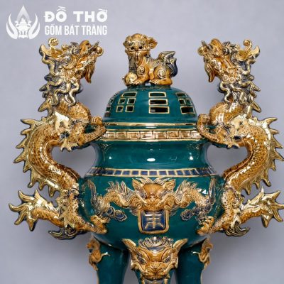 Bộ Tam Sự Đỉnh Hạc Gốm Sứ Bát Tràng Men Xanh Lá Vẽ Vàng Đắp Nổi DT-DH01 - Chi tiết 2
