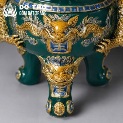 Bộ Tam Sự Đỉnh Hạc Gốm Sứ Bát Tràng Men Xanh Lá Vẽ Vàng Đắp Nổi DT-DH01 - Chi tiết 3