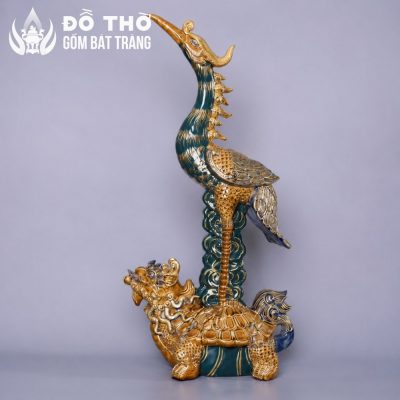 Bộ Tam Sự Đỉnh Hạc Gốm Sứ Bát Tràng Men Xanh Lá Vẽ Vàng Đắp Nổi DT-DH01 - Chi tiết 4