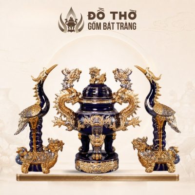 Bộ Tam Sự Đỉnh Hạc Men Xanh Coban Vẽ Vàng Gốm Sứ Bát Tràng DT-DH02 - Ảnh đại diện