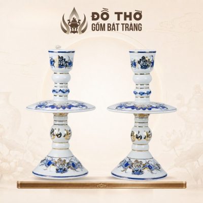 Cặp Chân Đèn Nến Thờ Men Lam Vẽ Vàng Kim Họa Tiết Hoa Sen DT-CD01 - Ảnh đại diện
