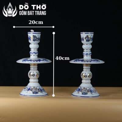 Cặp Chân Đèn Nến Thờ Men Lam Vẽ Vàng Kim Họa Tiết Hoa Sen DT-CD01 - Chi tiết 1