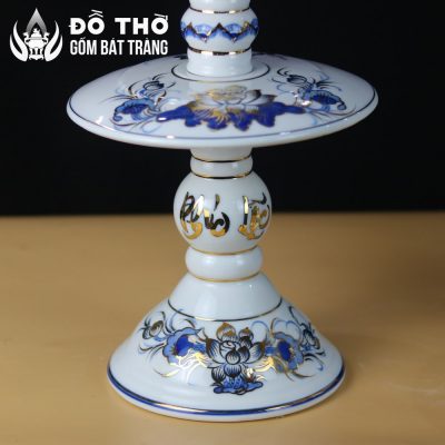 Cặp Chân Đèn Nến Thờ Men Lam Vẽ Vàng Kim Họa Tiết Hoa Sen DT-CD01 - Chi tiết 2