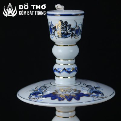 Cặp Chân Đèn Nến Thờ Men Lam Vẽ Vàng Kim Họa Tiết Hoa Sen DT-CD01 - Chi tiết 3