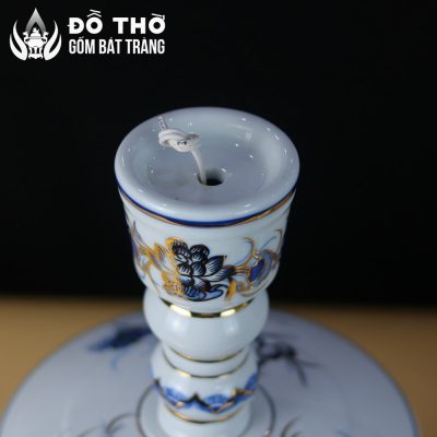 Cặp Chân Đèn Nến Thờ Men Lam Vẽ Vàng Kim Họa Tiết Hoa Sen DT-CD01 - Chi tiết 4