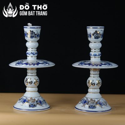 Cặp Chân Đèn Nến Thờ Men Lam Vẽ Vàng Kim Họa Tiết Hoa Sen DT-CD01 - Chi tiết 5